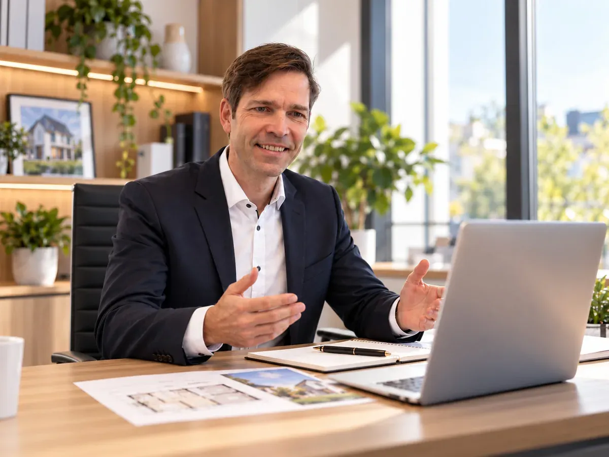 Beratungsgespräch zur Prüfung von Finanzierungsunterlagen am Laptop