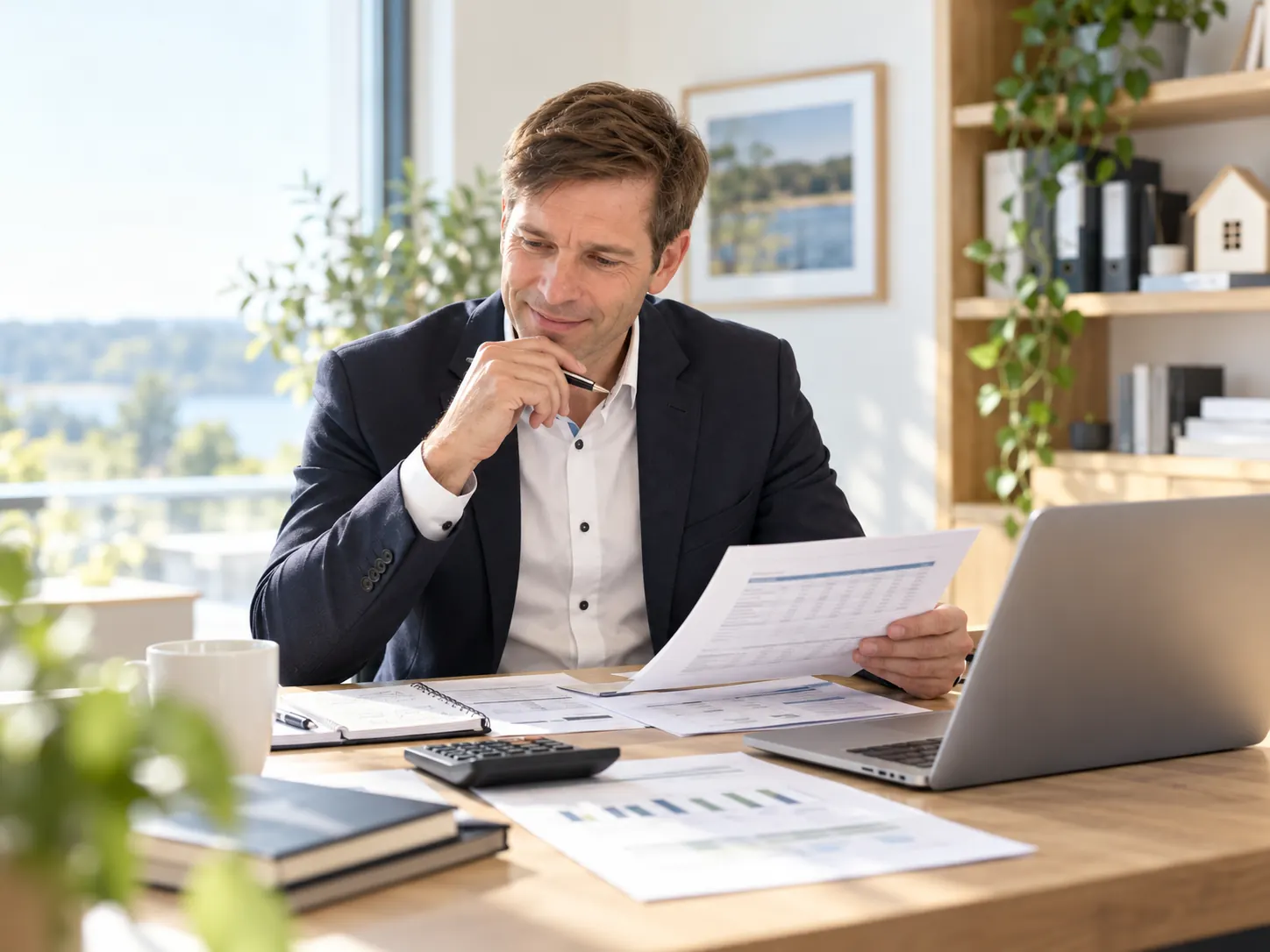 Illustrative Finanzierungsunterlagen und Laptop zur Planung einer Anschlussfinanzierung