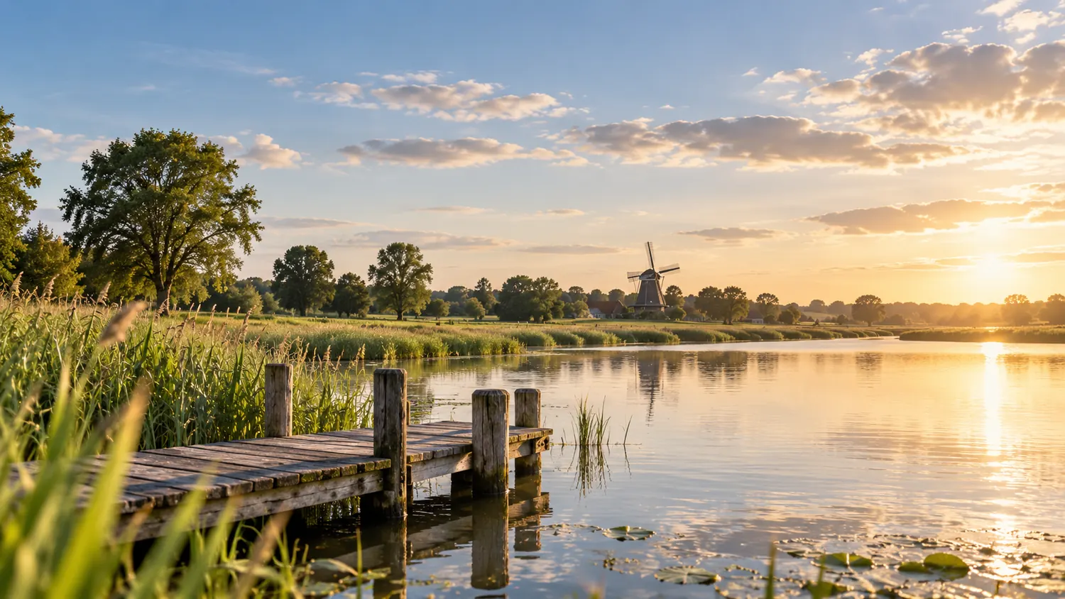Illustrative norddeutsche Landschaft mit Wasser und Windmühle, kein dokumentarisches Ortsfoto