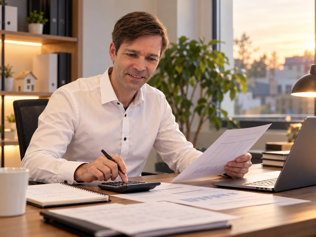 Ein Baufinanzierungsberater prüft Finanzierungskonditionen und Unterlagen