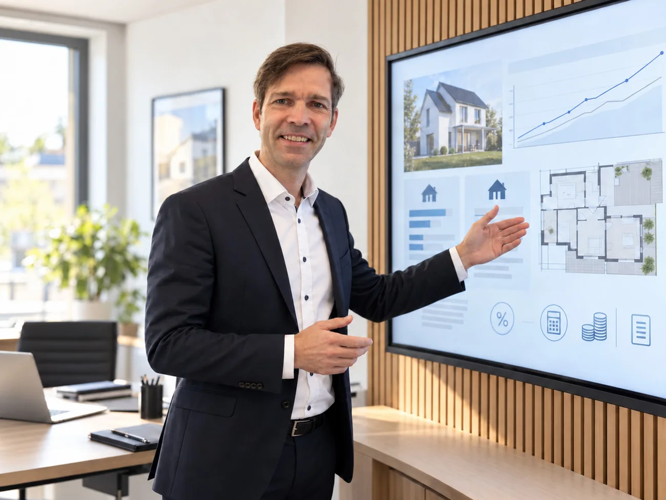 Berater erläutert Baufinanzierung und Immobilienkosten anhand einer Präsentation